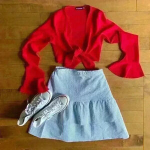 Anthropologie | Jane and Delancey tiered mini skirt blue & white stripe size med